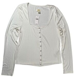 New Maeve Anthropologie Long Sleeve Top Womens Large Ivory Ribbed Snap Front